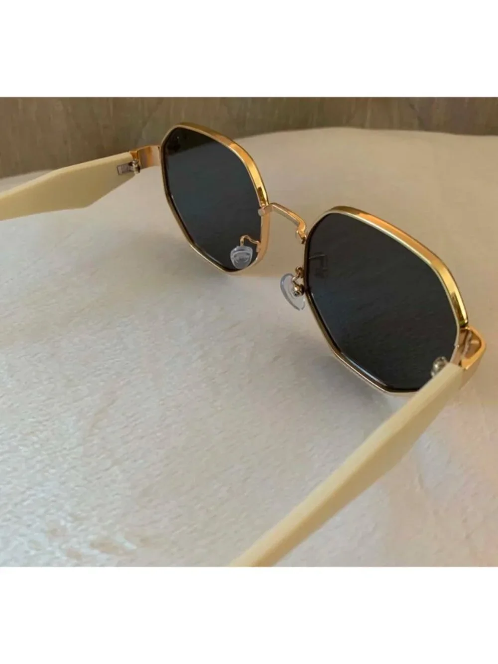 Unisex Octagon Gold Frame Sunglasses With Grey/Black Lenses & Ivory White Arms